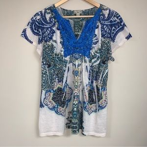 Blue Bohemian Art Print Women’s 1X Short Sleeve Blouse Top Wearable Art Gypsy